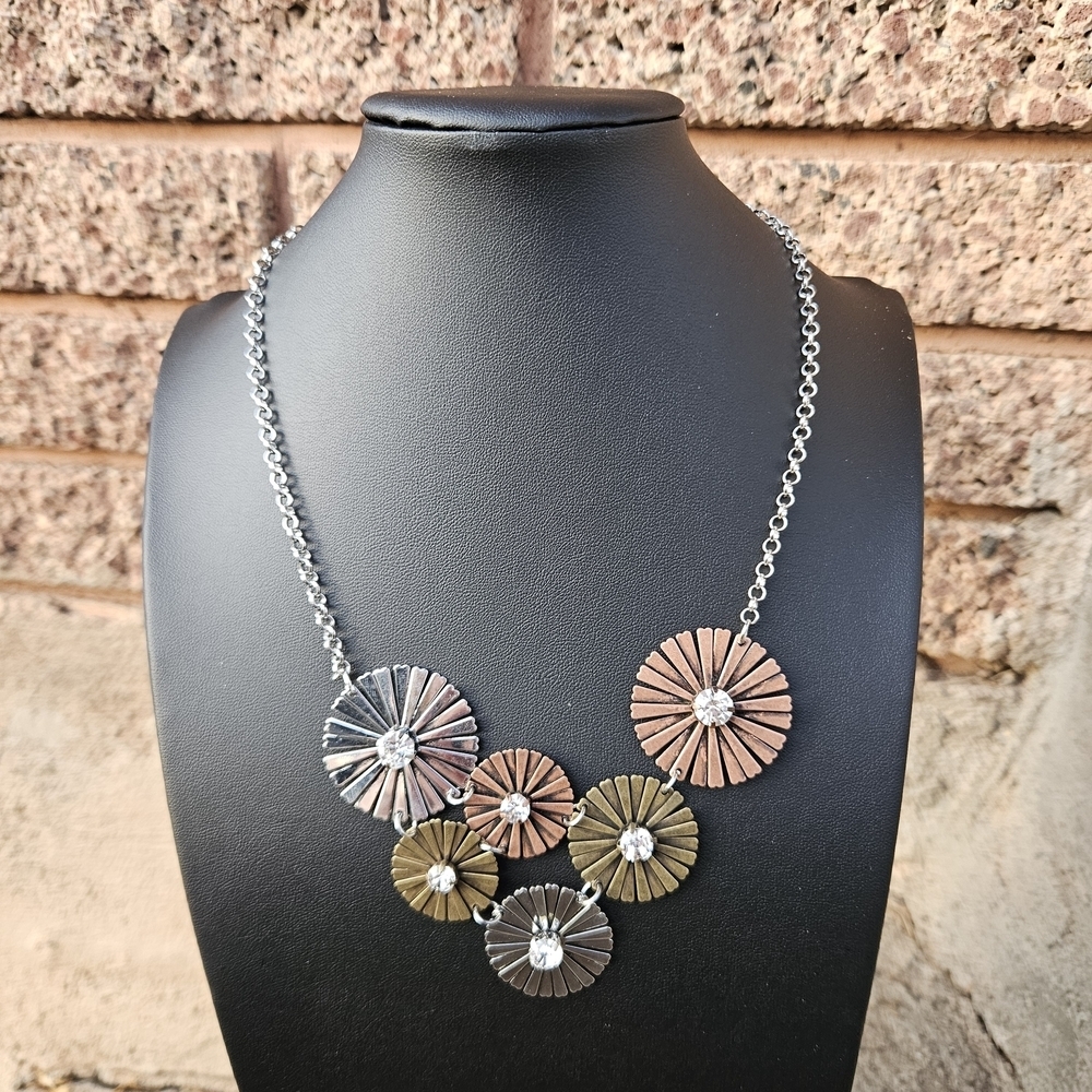 Multi-Color Mixed Metal Floral Disc Necklace Statement Women's Jewelry